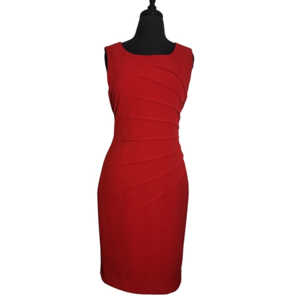 Calvin Klein red sleeveless pleated side sheath dress size 6